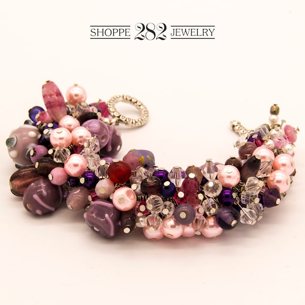 Beaded Cluster Bracelet in Hues of Pink & Purple | Swarovski | Glass Pearls | Toggle Clasp | Fits Smaller Wrist but Can Add Extension