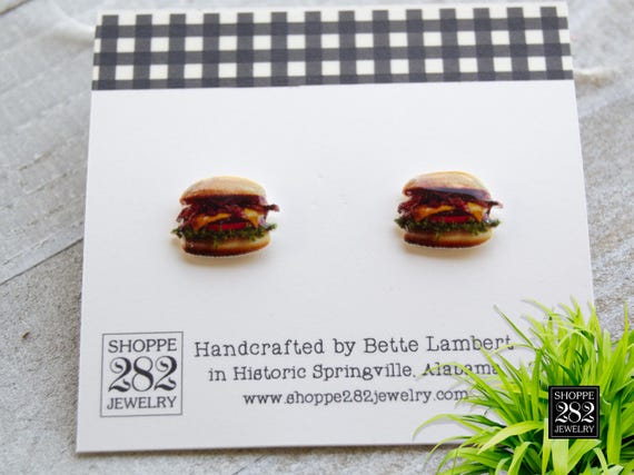 Mini Bacon Cheeseburger Earrings: Handcrafted Resin, Surgical Steel Posts, Gift Boxed