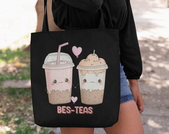 Bes-Teas tote bag, cute twinning bag for bestfriends, kawaii milktea, unique gift for friends, cute shoulder bag