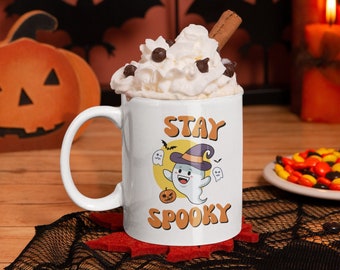 Cute retro halloween coffee mug tea cup, fun trick or treat halloween gifts, spooky season, pumpkin fall mug