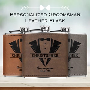 Personalized Groomsmen Gift Leather Hip Flask, unique custom engraved wedding souvenir groomsman flask