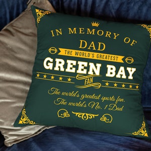 Almohada personalizada de fútbol conmemorativo de Green Bay Wisconsin, regalo personalizado en memoria del fanático de los Packers, funda de almohada del super bowl de fútbol americano de la NFL
