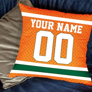 Personalized Miami University college football pillow, unique custom gift for Miami Hurricanes The Canes sports fans