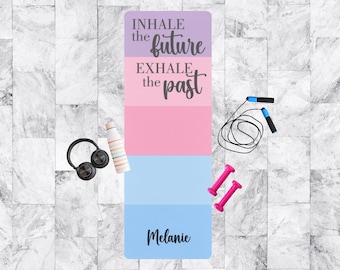 Cute Pastel colors Personalized Non-Slip Rubber Yoga Mat, Inhale the future Exhale the past workout mat, custom name yoga mat gift for her