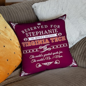 Personalized Virginia Tech football pillow, unique custom gift for Hokies Gobblers sports fan, va tech football college pillowcase