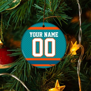 Personalized Miami Dolphins Football ceramic Christmas ornament decor, unique custom gift for Phins fan, housewarming present for sports fan