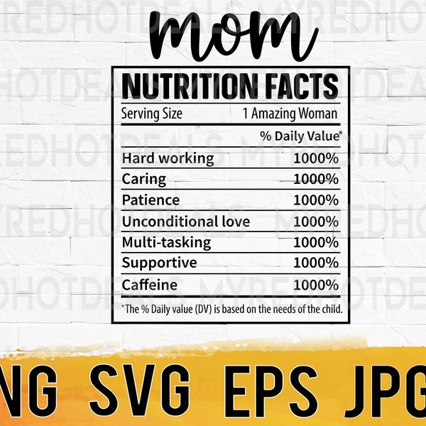 Mom nutrition facts svg png eps jpg design files, mothers day design, mama clipart, easy instant download for commercial business use