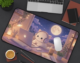 Tappetino da scrivania Lofi Cat, tappetino per mouse anime kawaii, tappetino da scrivania con gatto carino, tappetino da gioco pastello, regalo accogliente e estetico per la scrivania