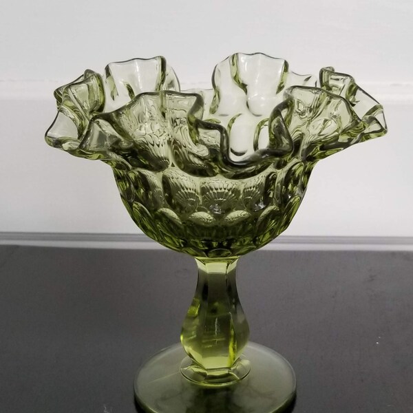 Vintage Fenton Thumbprint Colonial Green Compote Candy Dish