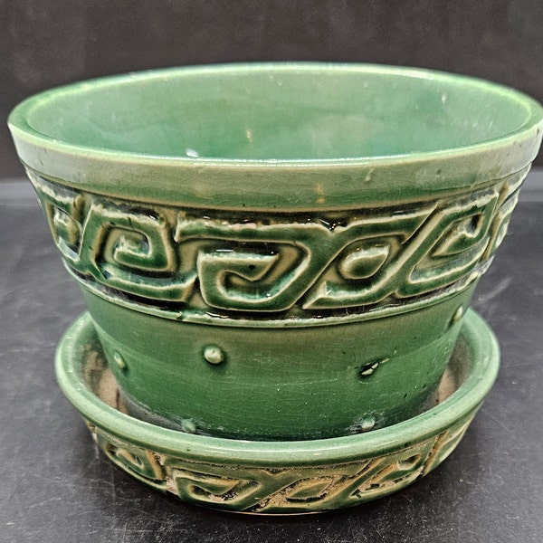 McCoy pottery green glaze pot and saucer planter greek key design