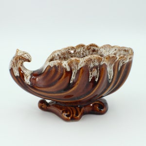 Vintage 70&#39;s Brown Drip Glazed Ceramic Cornucopia Bowl/Planter #130 USA