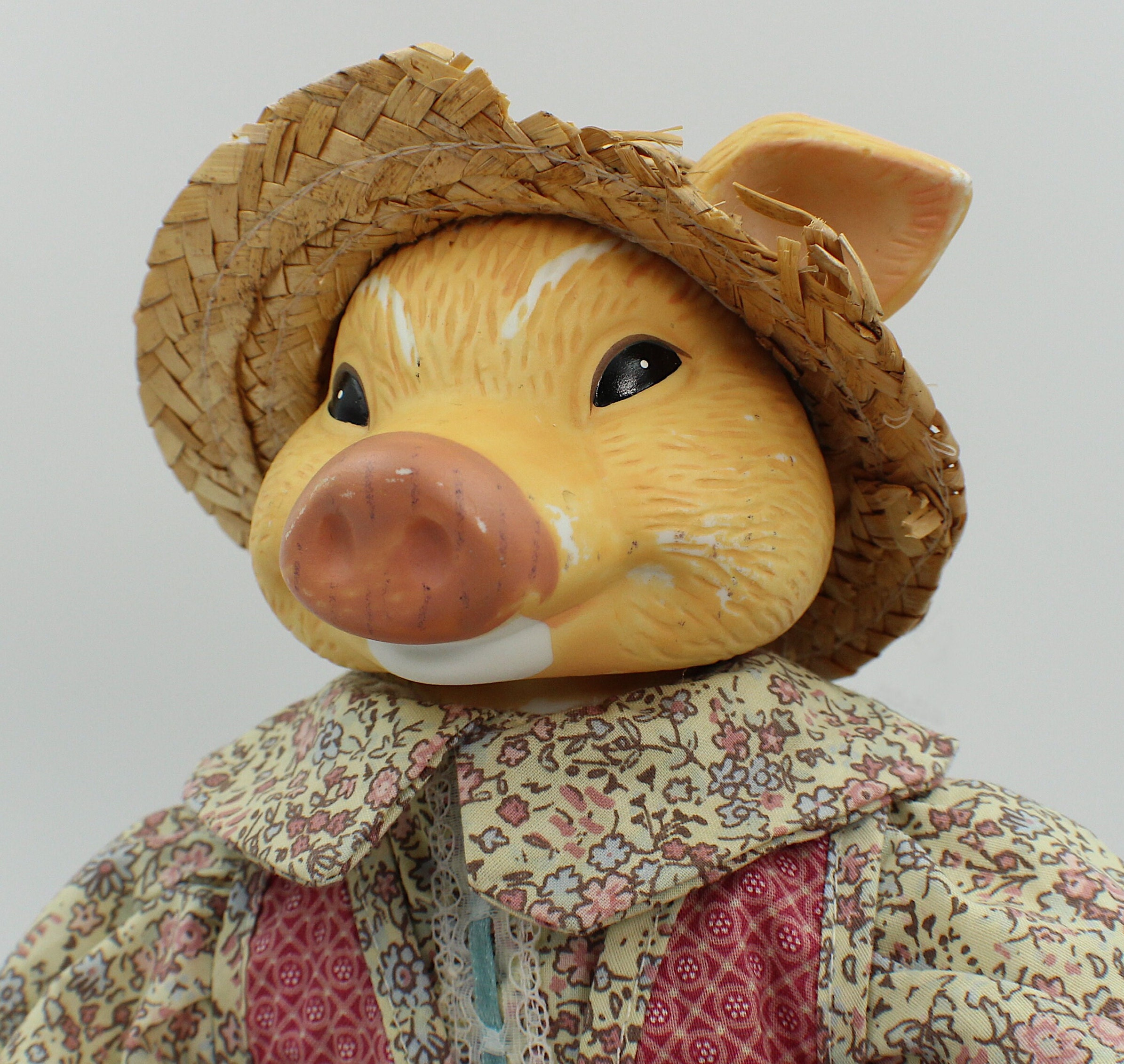 Vintage Pig Doll With Ceramic Head & Hoofs Calico Jumpsuit and