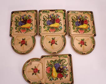 Fruit and Flowers SnackTray Alcohol Proof PaperMache ISCO Import Japan-Set of 4