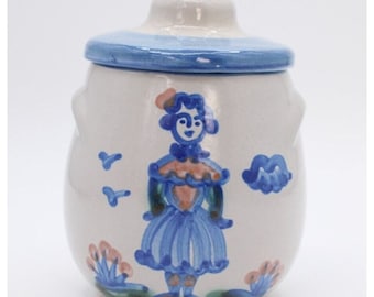 M A Hadley Gres Pottery Farmer's Wife Azúcar/Jam Jar con tapa