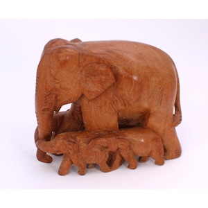 Mother Elephant And Babies Hand Carved Teak Vintage