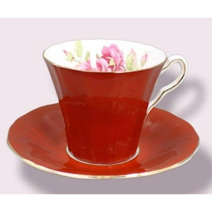 Vintage Adderley Rusty/Red And Gold Trim With Roses Design Tea Cup And Saucer
