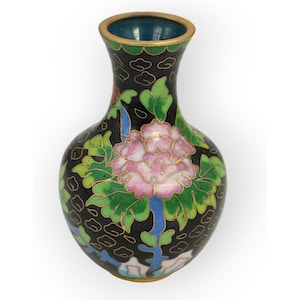 Chinese Cloisonne Miniature Black Vase With Foral Design Vintage