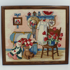 Needlepoint Bunny And Teddy Bear Play Room W/Pretty Tulips Finished And Framed