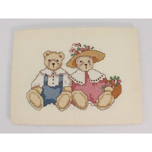 Cross Stitch Teddy Bear Couple W/Pretty Straw Hat And Basket Of Flowers