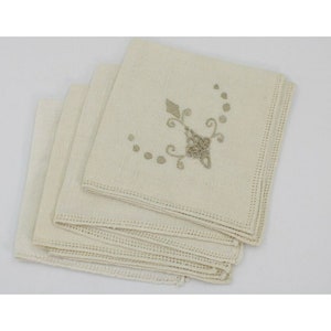 Vintage Embroidered Linen Napkins 4pc Set Beige W/Tan Embroidery