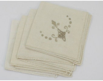 Vintage Embroidered Linen Napkins 4pc Set Beige W/Tan Embroidery