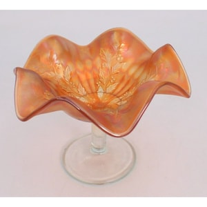 Fenton Marigold Iridescent Carnival Glass Footed Compote Holly Pattern Vintage
