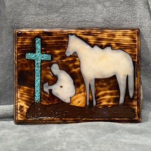 Cowboy With horse at Cross, Wooden Sign, Carved Sign, Inlayed wood