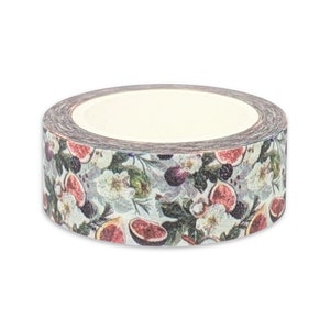 May include: A roll of washi tape with a floral pattern featuring figs, berries, and white flowers on a light blue background.