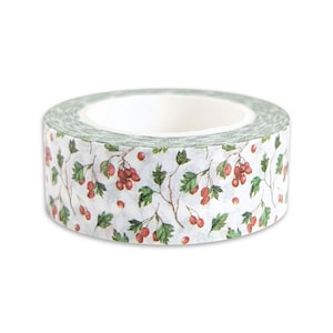 May include: A roll of white washi tape with a repeating pattern of green leaves and red berries.