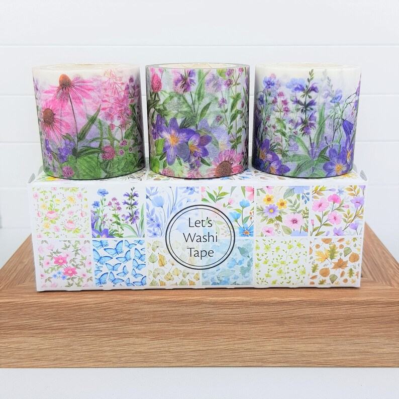 Wide Washi Tape Set Purple Pink Flowers Floral Botanical Nature Bujo Bullet Journal Scrapbook Craft Ephemera Planner Stationery Box Set