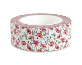 Red poppy flowers washi tape - floral - botanical - nature - pattern - leaf - green - budding - flower buds