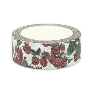 May include: A roll of washi tape with a white background and a pattern of red raspberries and green leaves.