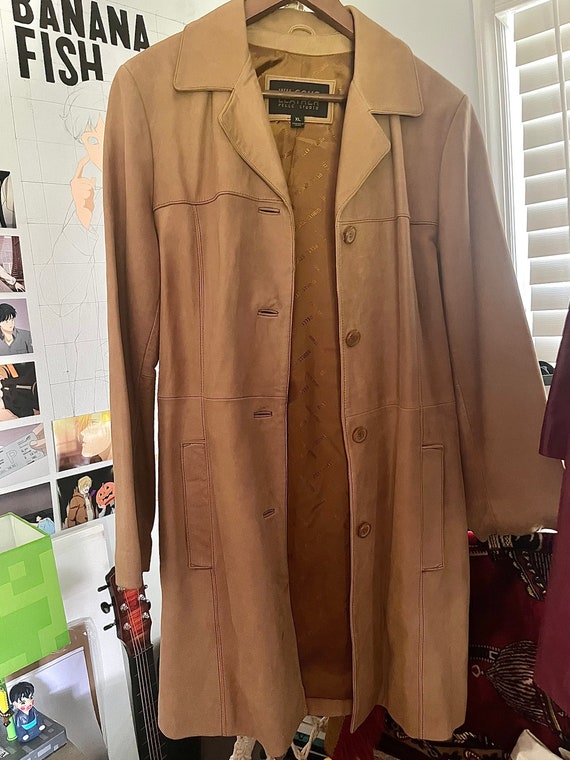 Vintage tan genuine leather jacket/ trench coat -W