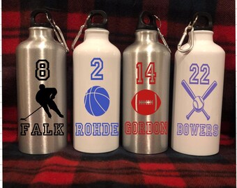 Nombre personalizado y botella de agua deportiva / Botella de agua personalizada / Botella de agua del equipo deportivo / Regalo de botella de agua para niños / Lacrosse de fútbol