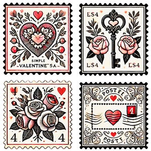 Clipart de sellos postales de San Valentín antiguos / Sellos vintage de corazones y rosas para imprimir / San Valentín antiguos