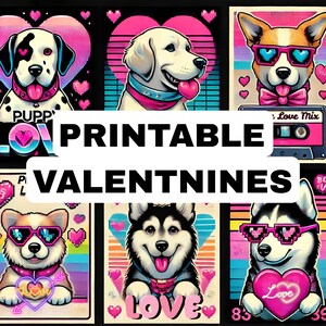 Retro Valentinstag Puppenliebe Art Prints | 80er Jahre Hunde Illustrationen mit Herzen & Kassetten | Druckbare Valentinstag Dekor