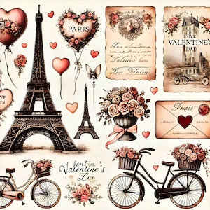 Paquete de imágenes prediseñadas de París vintage / Torre Eiffel romántica, bicicletas y cartas de amor / Gráficos imprimibles de San Valentín / Gráficos retro de París / Arte de París