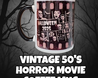 Vintage Horror Movie Coffee Mug | Creature Feature Horror Mug | Retro Monster Movie Halloween Gift