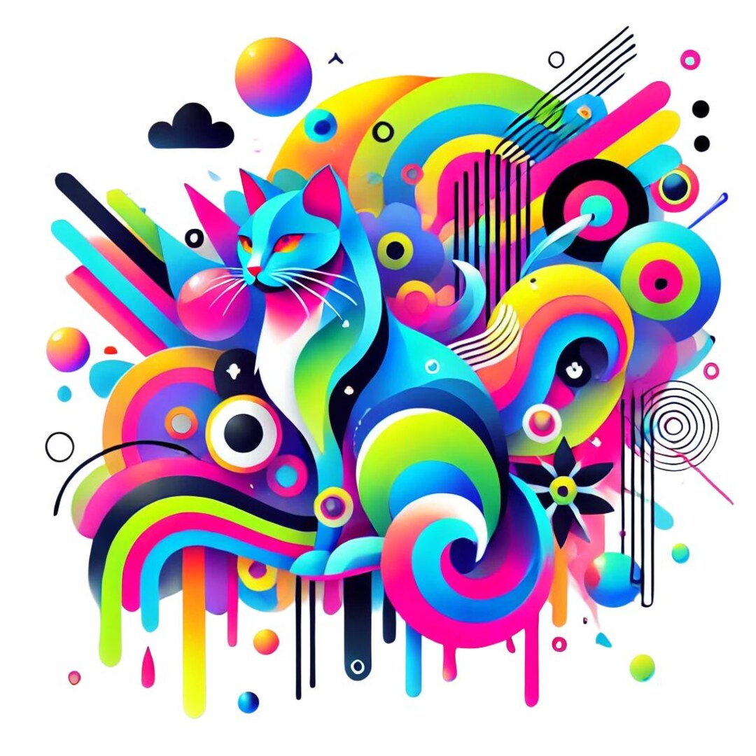 Neon Cat Clipart | Vibrant Cat Digital Art | Colorful Bubbly Cat Design ...