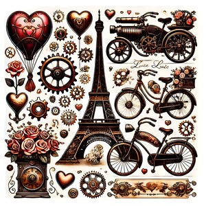 Paquete de imágenes prediseñadas de París vintage / Torre Eiffel romántica, bicicletas y cartas de amor / Gráficos imprimibles de San Valentín / Gráficos retro de París / Arte de París