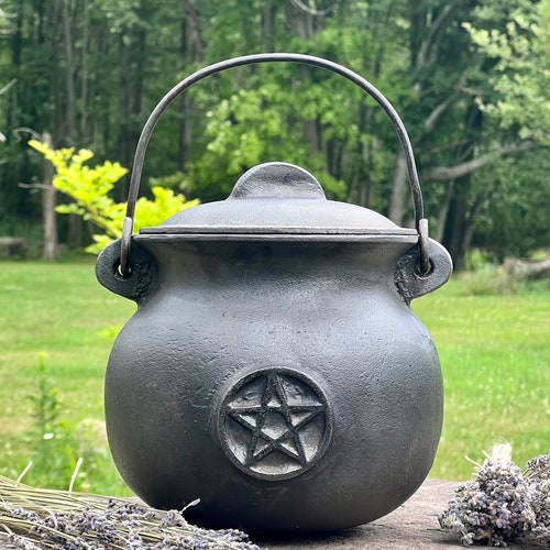 7.5” Pentacle cast iron cauldron; Potbelly cauldron with flat bottom; shops Charcoal & Incense burner; Extra large witch's pot; Wiccan; Pagan
