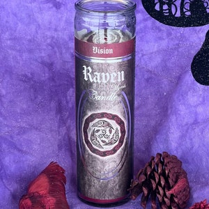 7 Day Enchanted Raven ‘Vision’ Glass Ritual Candle; Myrrh Spell Candle; Spell-Casting; Wiccan; Witch; Pagan; Altar; Spirit Animal Home Decor