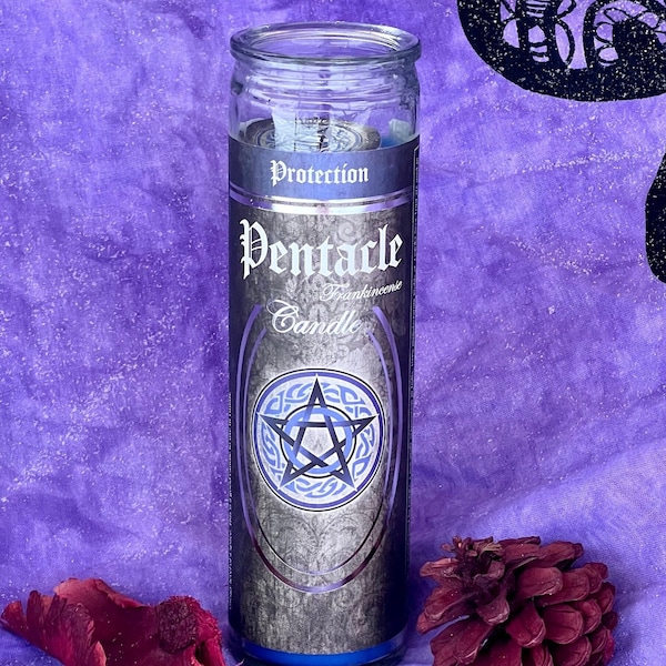 7 Day Enchanted Pentacle ‘Protection’ Ritual Candle; Frankincense Glass Spell Candle; Red; Spell-Casting; Wiccan; Witch; Pagan; Home Decor
