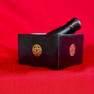 Black Square Soapstone Mortar and Pestle with Raised Gold Pentacles; Herbs; Incense; Kitchen Witch; Wiccan; Pagan; Apothecary; Altar tool