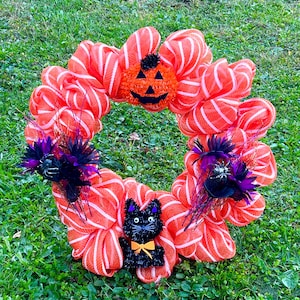 Halloween Wreath Black Cat Pumpkin Rose Spider Witch Wiccan Pagan Samhain Handmade Seasonal Display Front Door Hanging Decoration Autumn