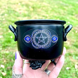 Witch Altar Cauldron Incense Burner Charcoal Holder Candle Container Metal Pot Spell Casting Ritual Bowl Pentacle Design Triple Pentagram