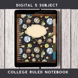 May include: Digital notebook with a space-themed cover featuring planets, stars, and moons. The notebook has five sections and is college ruled.