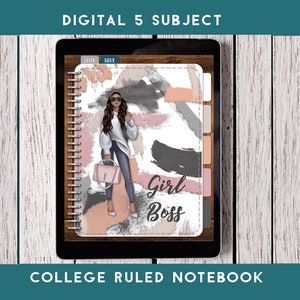 May include: Digital notebook cover with a white background and abstract pink, grey, and black brushstrokes. A woman with long brown hair and sunglasses is holding a pink handbag. The text "Girl Boss" is written in black on the cover.