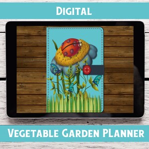 May include: Digital printable planner with a blue cover featuring a ladybug on a yellow flower with green leaves and blue butterflies. The text "DIGITAL VEGETABLE GARDEN PLANNER" is at the bottom of the image.