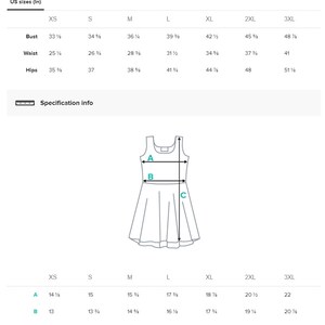 Puede incluir: Tabla de tallas para un vestido sin mangas con medidas en pulgadas. La tabla muestra las medidas de busto, cintura y cadera para las tallas XS a 3XL. Un diagrama muestra las medidas de longitud, busto y cintura.